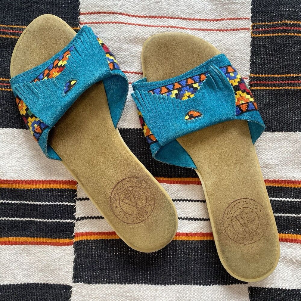 Vintage Sioux Mox Suede Slip On Sandals. Turquoise. Fringe. Size 6.5 Boho.